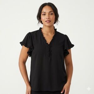 CeCe Black Ruffle V-Neck Flutter Sleeve Blouse